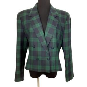 Vintage 80s Wool Blazer Green Tartan Plaid Double Breasted Jacket Dark Academia